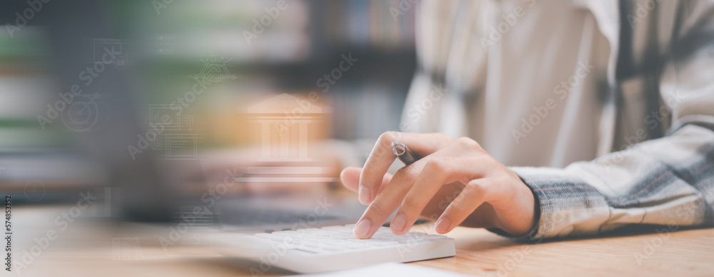 Poster Accountant calculating numbers in company financial documents with calculator ,Analysis of company financial data ,Planning to assess and review the budget ,concept of finance and investment