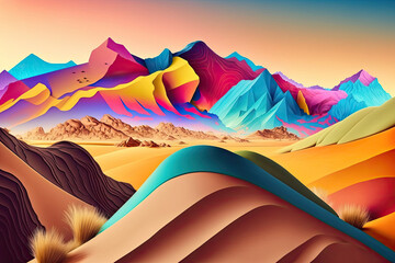 Fototapeta na wymiar Abstract vivid colors landscape of desert mountains, dunes and sand, generative AI