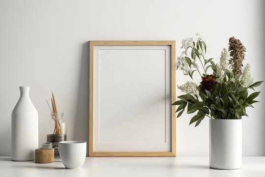 Minimalist living room with flower vase, ceramic pot, cup, camera mockup, and empty wooden picture frame on white wooden wall. Generative AI