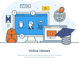 Online classse, distance education, e-learning and tutorials education technologies. Online training courses, staff training, specialization landing page thin line design of vector doodles