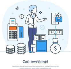 Cash investment security financial services, Investment profit and earning concept. Business financial investments in stock market, future income growth thin line design of vector doodles