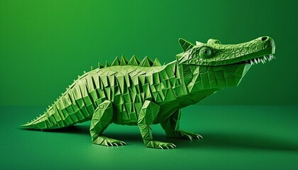 origami crocodile isolated on green background.
