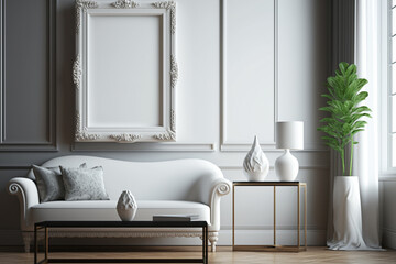 Transitional Interior Design Background With Blank Frame, Living Room, 3D Render Illustration. Generative AI.