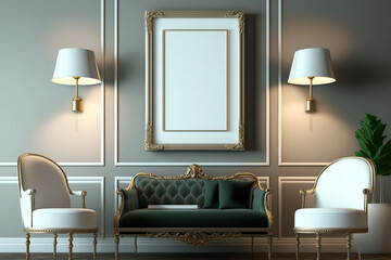 Transitional Interior Design Furniture Background With Blank Frame, Balances Luxury With Comfort. Generative AI.