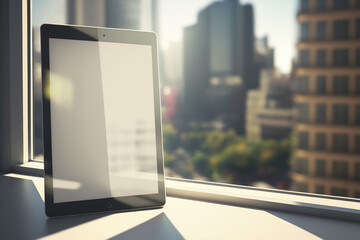 Tablet with white blank screen, background blurred buildings in window, mockup use, sunlight in background. generative ai