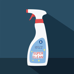 Cleaning spray bottle with long shadow in flat style vector illustration. Simple disinfectant spray package clipart cartoon style, hand drawn doodle style. Detergent spray vector illustration