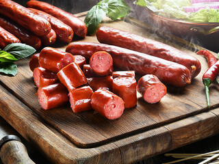 grilled sausages on a wooden background. rustic style.