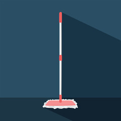 Floor mop with long shadow in flat style vector illustration. Simple mop for cleaning the floor in the house, toilet or bathroom clipart cartoon, hand drawn doodle. Cleaning service tool vector design