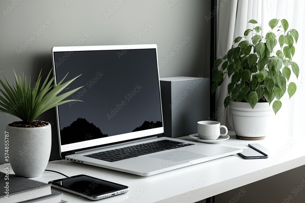 Poster front view of a laptop computer on a work table with a white blank screen. nice desk and computer ar