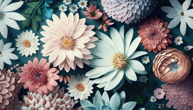 Pastel Dreams: Floral Pattern Background from a Bird's Eye View, AI Generative © NikoArakelyan