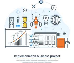 Implementation business process, innovation, analysis, achievement, management concept.