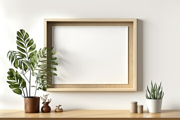 Fototapeta na wymiar A horizontal wooden frame on a beige wall. blank mockup with fluorescent shadows. Generative AI