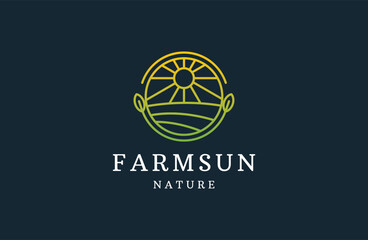 Farm sun over Leaves Logo design vector template. Alternative Energy Concept. line art icon .