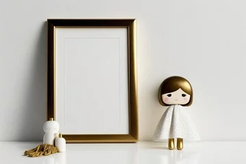 Foto op Canvas White desk with a wooden doll, gold frame, and marble on an empty wall, together with French francs. Generative AI © 2rogan