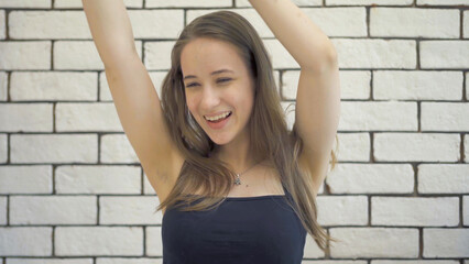 Portrait of happy smiling, caucasian woman girl dancing, people lifestyle. Entertainment