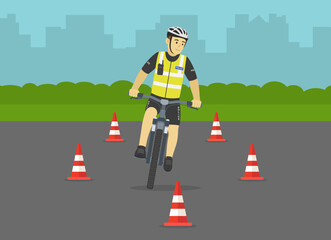 Bicycle ride practice. Bike patrol practising road maneuvers. Front view of a learner police officer on test road with red cones. Flat vector illustration template. - obrazy, fototapety, plakaty