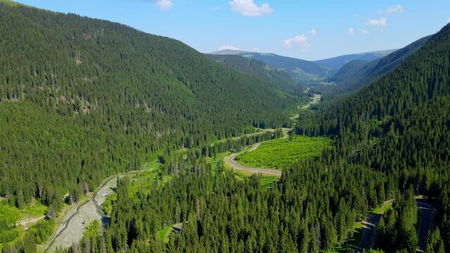 Aerial drone footage of a Romanian mountain road &ndash; Transalpina. It is a 148 km national road located in the Southern Carpathians of Romania and is one of the highest roads of the Carpathian Mountains.