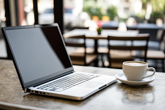 Bokeh-blurred laptop with blank screen on coffee shop table. Keyboard for TCA OS. Generative AI
