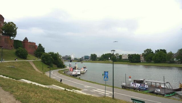 Tourist Attractions in Krakow Poland. Ballon and Ferris Wheel. Visla River. View From Wawel Castle. Stedycam Shot