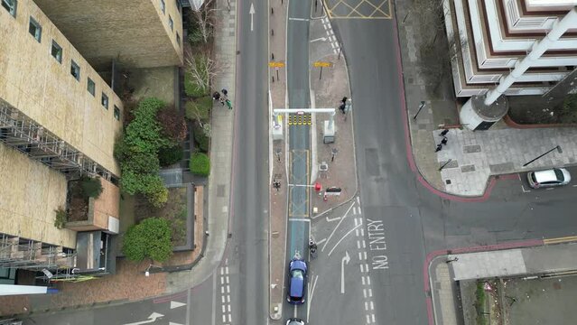 Aerial Overhead overhead birds eye view Rotherhithe Tunnel entrance closed cars queuing London UK