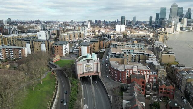Limehouse Link tunnel entrance East London UK pull back  drone aerial reveal