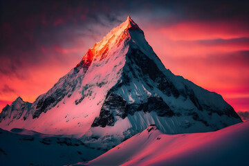 A snowy mountain peak at sunset with generative AI technology