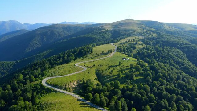 Aerial drone footage of a Romanian mountain road &ndash; Transalpina. It is a 148 km national road located in the Southern Carpathians of Romania and is one of the highest roads of the Carpathian Mountains.