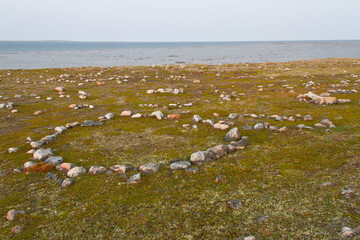 Remains of several Inuit tent rings along the coast of Hudson Bay north of Arviat at a place called Qikiqtarjuq, Nunavut, Canada