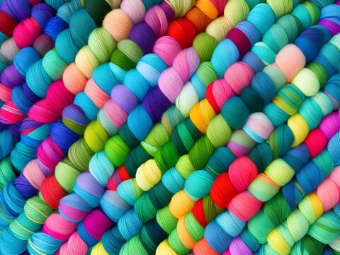 Colorful multi-colored background from skeins of yarn. textile industry. Arranged balls of yarn. natural and neon colors Generative AI