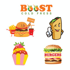 Fast food decorative colored sketch icons set of cupcake drink croissant isolated vector illustration