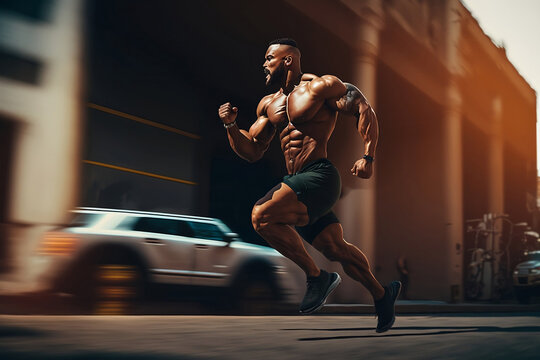 Generative Illustration AI of  muscle male athlete running/ jogging on street