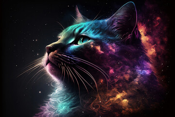 Cat in the night colorful wallpaper. Ai generated