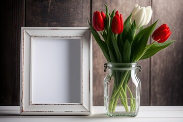 Mother's Day design concept with tulip flower in glass vase and photo frame decoration on wooden table background wall at home. Generative AI
