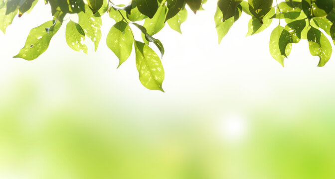 Nature of green leaf background, spring forest and sun rays, green wallpaper