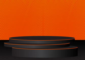 Black and Orange colored product display. Abstract vector 3D Mockup, pedestal podium. Stage showcase for presentation. Futuristic Sci-fi minimal geometric forms, empty scene.