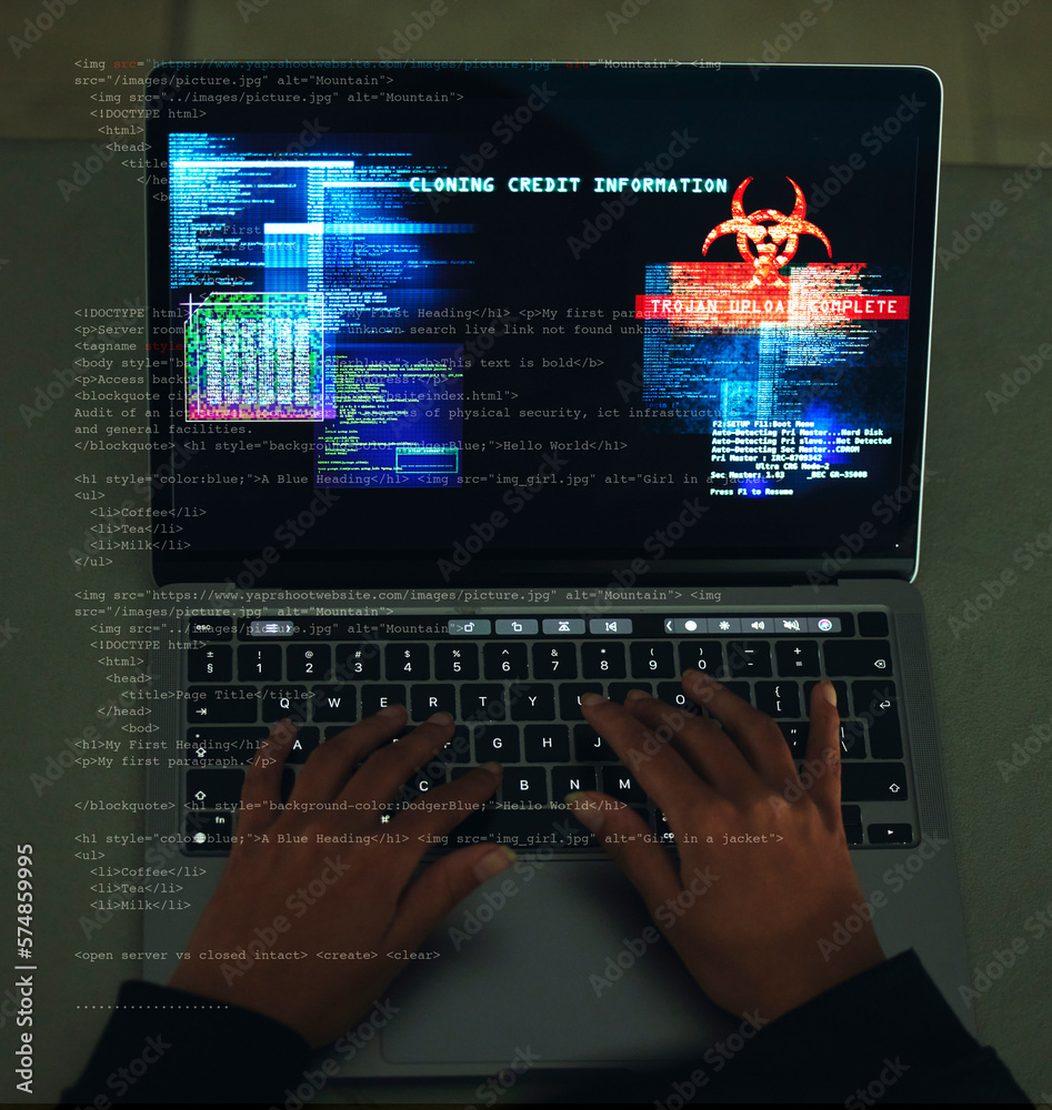 Aufkleber Cyber security, crime and hands typing on a laptop while programming or hacking a website. Scam, cyber attack and man hacker coding on a computer to steal information or data technology in the dark.