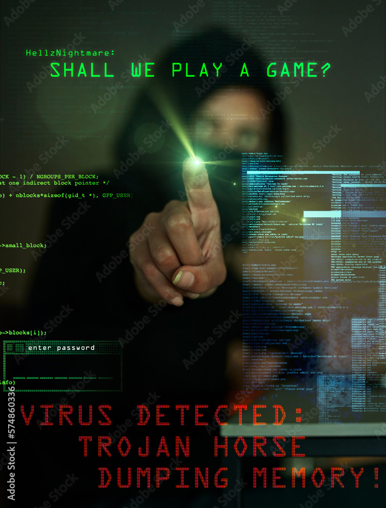 Aufkleber Fingerprint, virus and overlay with a man hacker working on a computer to install malware on a system. Cyber security, data and dashboard with a male hacking a database for information phishing