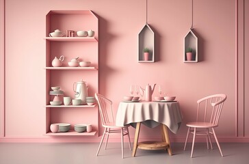 Pink shelves beautify a space with a table and seats. Generative AI