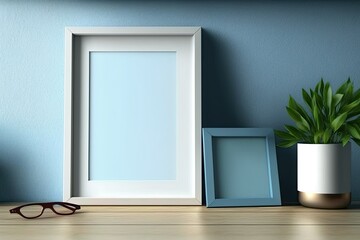Fototapeta na wymiar Frame mockup on wooden desk or shelf. Blue plaster wall background with copy space, interior design template, illustration. Generative AI