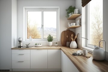 Corner sink in a white kitchen with a little window, hardwood surfaces. close up a mockup. Generative AI