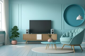 light blue bedroom living room, round solid wood coffee table and TV, TV cabinet. Generative AI