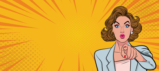 Beautiful Businesswoman with Open Mouth and Pointing Finger at You Vintage Style Pop Art Cartoon Illustration with Color Dots