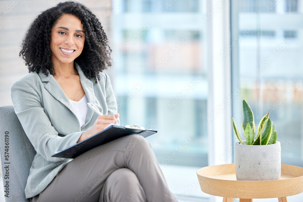 Poster Black woman, therapist portrait and checklist for counselling, help or smile for happiness in office. African psychologist, clipboard and happy for advice, listening or conversation for mental health