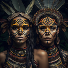 Two indigenous women from the Amazon posing in the jungle with ritual face painting made with Generative AI