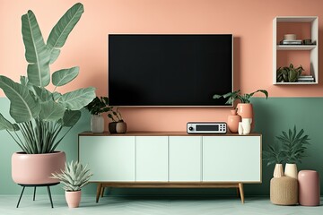 Modern living room with TV on cabinet, coral wall background, light, cabinet, frame, and plant. Generative AI