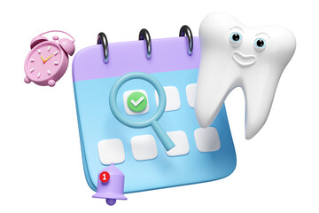 3d calendar with dental molar teeth model, clock, checkmark icons, marked date, notification bell isolated. health of white teeth, dental examination of the dentist, 3d render illustration