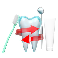 dental molar teeth model 3d icon with red spiral arrow, toothbrush, toothpaste tube, dentist mirror isolated. dental examination of the dentist, tooth protection, 3d render