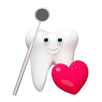 3d dental molar teeth model icon with dentist mirror, red heart isolated. health of white teeth, dental examination of the dentist, 3d render illustration