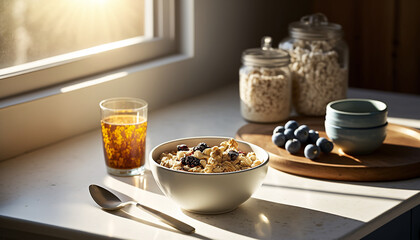 Obraz na płótnie Canvas Cereal breakfast, A bowl of crispy flakes with sliced bananas, a splash of cold milk Generative AI