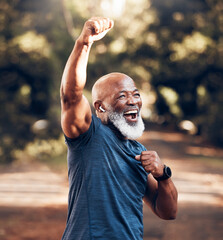 Park, success and running, winning black man excited and celebration at fitness run in nature with...